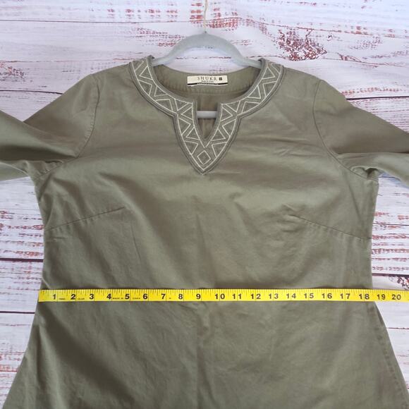 Shukr Tunic Shirt Womens M Olive Green Embroidered Long Sleeve Modest Cotton Top - Picture 9 of 14